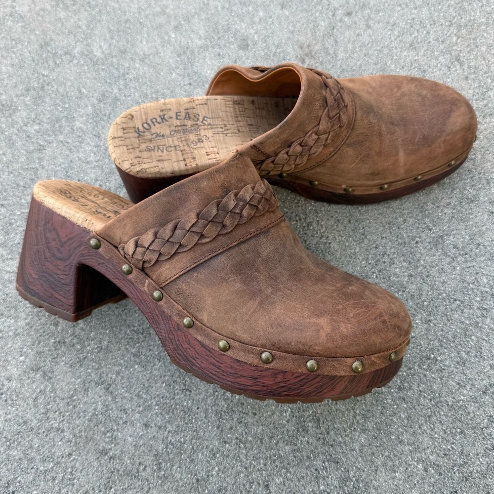 Kork-Ease Tilly clogs brown hand-finished leather maple bottom/woodgrain wedge 9